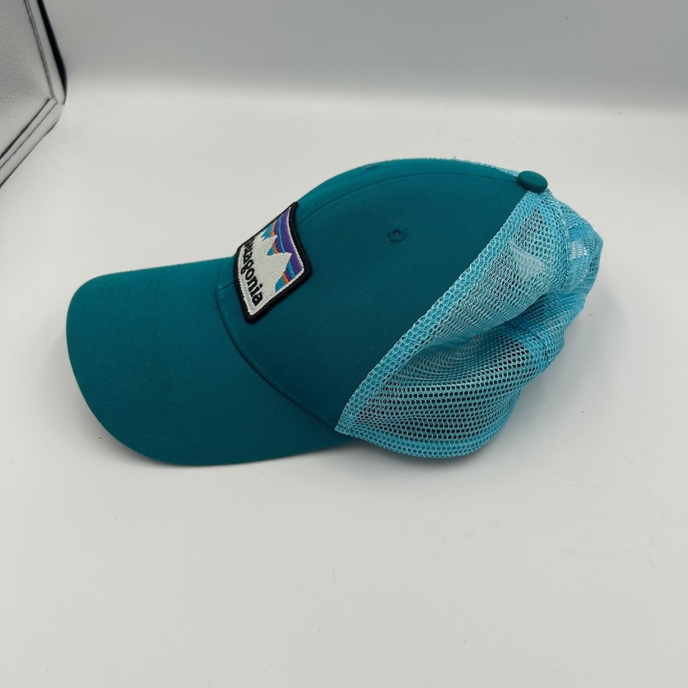Patagonia Trucker Hat Unisex OS Teal Blue Fitz Roy Mountain Snapback Mesh Cap - Picture 2 of 6